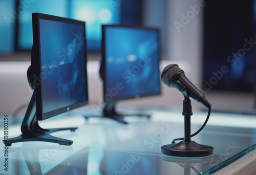 Empty news desk featuring a microphone and teleprompter screens