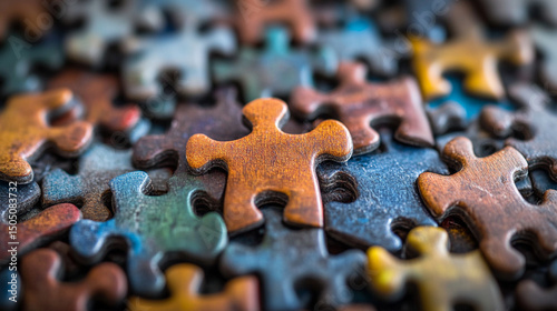 A close up view of a collection of colorful jigsaw puzzle pieces scattered and partially assembled