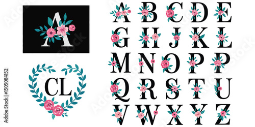 Watercolor floral alphabet collection with soft blooms and elegant decorative lettering