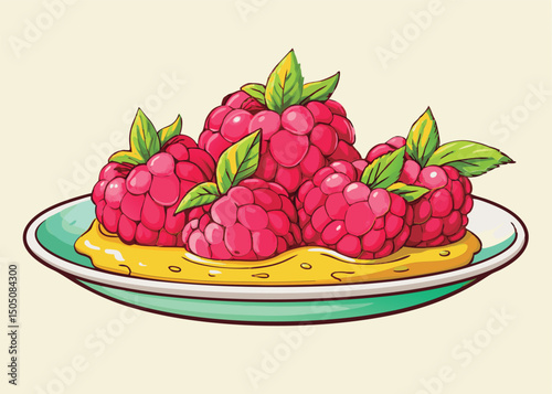 Raspberries in Honey Drizzle on a Plate.