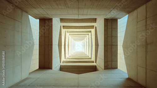 A concrete tunnel with repeating square frames leading to a bright light at the end of the tunnel