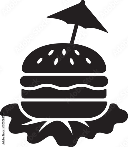 Silhouette vector of a burger with a toothpick umbrella, symbolizing fun, casual dining and decorative food presentation. Perfect for food branding.