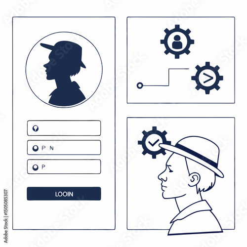 vector icons for user profile and login, including user silhouette, login form, and profile settings, clean and flat design 
