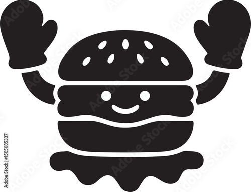 Silhouette vector of a burger with chef’s gloves, symbolizing gourmet cooking and professional food preparation. Ideal for culinary branding.