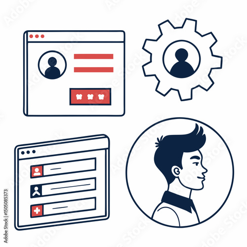 vector icons for user profile and login, including user silhouette, login form, and profile settings, clean and flat design 
