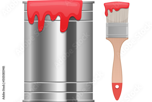 Fototapeta Naklejka Na Ścianę i Meble -  A paint can with red paint dripping down and a paintbrush with red paint on the bristles