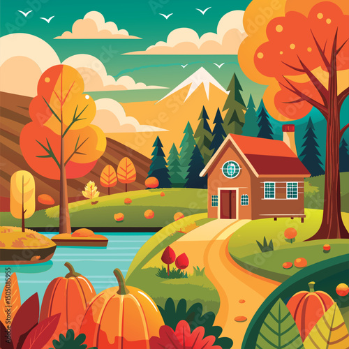 Autumn cabin nestled in the mountains.