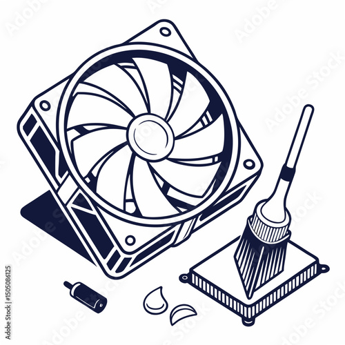 Vector illustration of cleaning cooling fan of a desktop cpu, isolated on  background WHITE