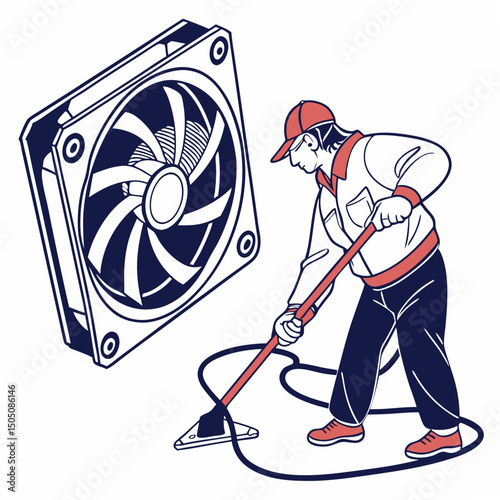 Vector illustration of cleaning cooling fan of a desktop cpu, isolated on  background WHITE