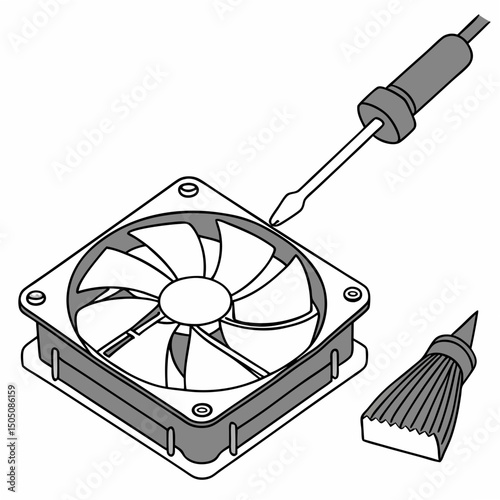 Vector illustration of cleaning cooling fan of a desktop cpu, isolated on  background WHITE