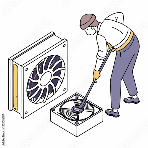 Vector illustration of cleaning cooling fan of a desktop cpu, isolated on  background WHITE