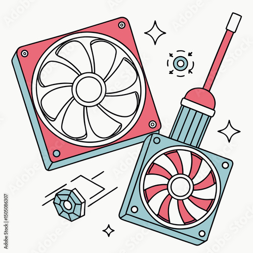 Vector illustration of cleaning cooling fan of a desktop cpu, isolated on  background WHITE