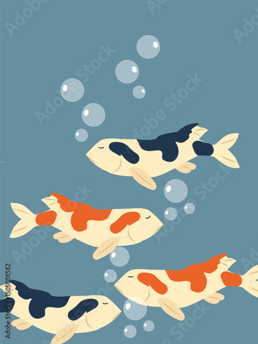 Vibrant koi fish swimming in tranquil water, each gracefully navigating the aquatic realm, with soft, gentle bubbles.