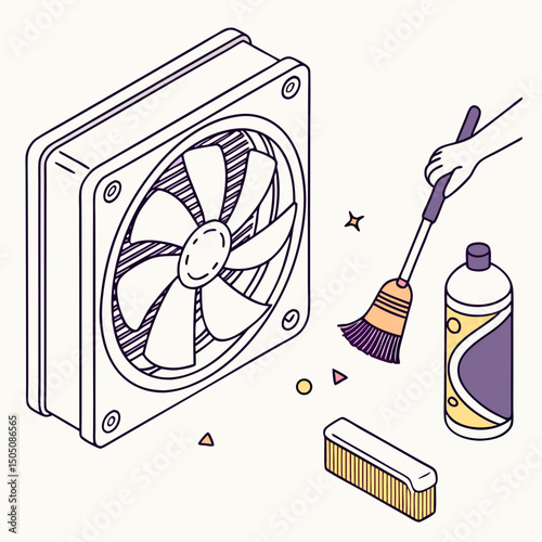 Vector illustration of cleaning cooling fan of a desktop cpu, isolated on  background WHITE