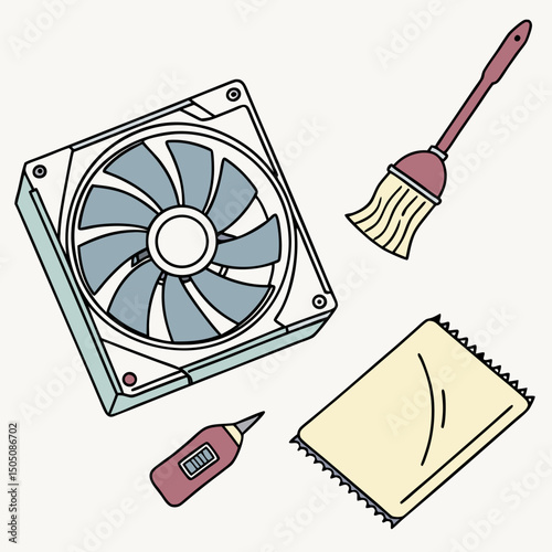 Vector illustration of cleaning cooling fan of a desktop cpu, isolated on  background WHITE