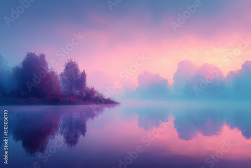 朝焼けの空が水面に映る、幻想的な湖の風景。霧が立ち込め、静寂な水面に木々のシルエットが美しく反射する。穏やかで神秘的な夜明けの情景