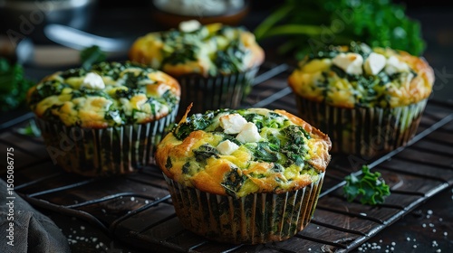 A close up of spinach and feta muffins on a black wire rack in a dark kitchen setting with kale garnish