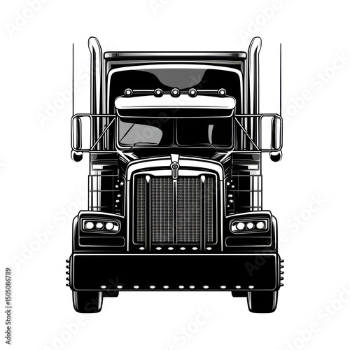 Sleek black semi-truck, front view