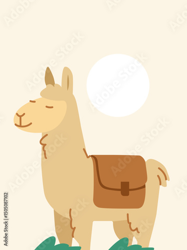 A charming illustration of a llama with a saddle, set against a soft pastel backdrop, evokes a sense of simplicity and wanderlust.