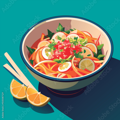 Colorful vegetable noodle salad bowl.