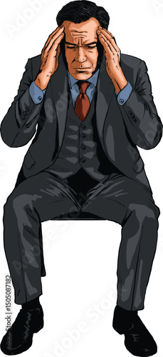 Stressed Businessman Sitting in Suit Vector Illustration color