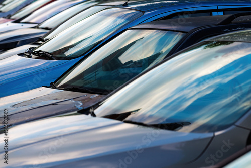 Quadro su tela Used cars for sale parked on a parking lot of vehicle dealer