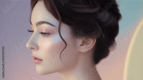 Close up portrait of woman showcasing flawless skin and elegant makeup, featuring warm tones and serene expression that highlights her natural beauty and elegance.