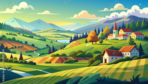 Panorama of beautiful countryside of Romania captures a sunny afternoon in springtime mountains, with grassy field, rolling hills, rural charm, and peaceful landscape bathed in golden light.