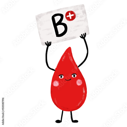 cute red blood drop type B donor rhesus positive character cartoon doodle crayon watercolor kids illustration donate donation save lives vector clipart sticker