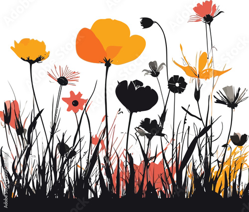 Abstract Watercolor Wildflowers with Ink Lines  Floral Art Print Isolated on White background