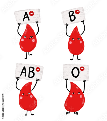 Set of cute blood donor rhesus negative type character cartoon doodle crayon watercolour kids illustration donate donation save lives vector clipart sticker