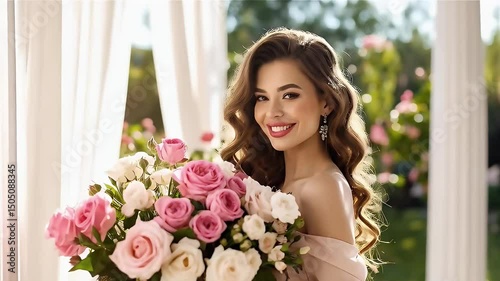 Bride in white wedding dress holding bouquet of flowers