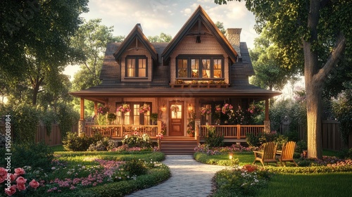 A picturesque Victorian-style suburban house with intricate wooden detailing, a charming front porch with rocking chairs, a small rose garden, soft warm lighting, ultra-detailed, high-resolution 