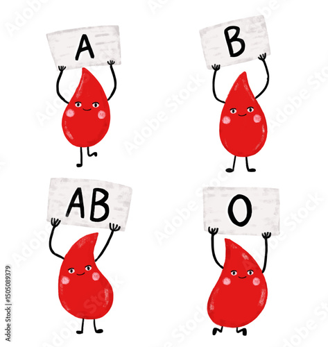 Set of cute blood donor rhesus type character cartoon doodle crayon watercolor kids illustration donate donation save lives vector clipart sticker