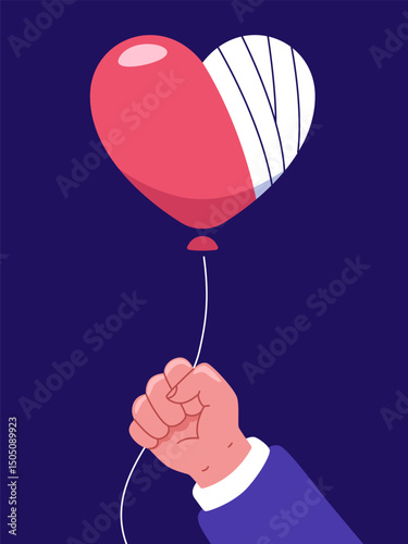 A symbolic depiction of heartbreak, illustrated with a wounded heart-shaped balloon, held firmly by a human hand.
