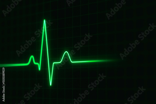 A glowing green electrocardiogram (ECG) line displays a heartbeat on a dark grid background.
