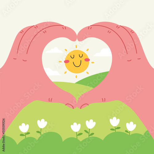 Two hands form a heart shape, framing a joyful sun over a verdant landscape filled with vibrant life and tranquility. Capturing themes of love, connection, and environmental harmony.