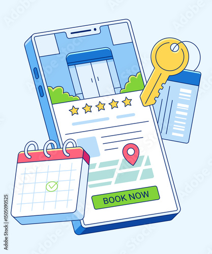An illustration of a smartphone interface, showcasing property rental services, key, calendar, and map to the user.