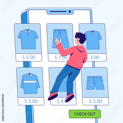An illustration showcasing a person in an online apparel store. A modern digital environment for shopping and fashion.