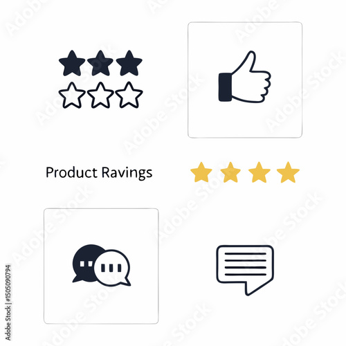  vector icons for product reviews and ratings, including stars, thumbs up, and comment bubbles, clean minimalist design
