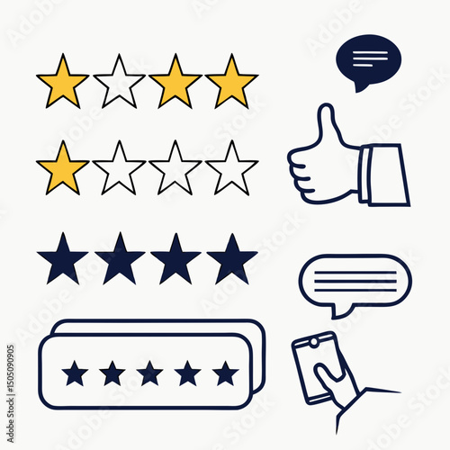  vector icons for product reviews and ratings, including stars, thumbs up, and comment bubbles, clean minimalist design
