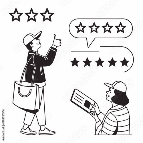  vector icons for product reviews and ratings, including stars, thumbs up, and comment bubbles, clean minimalist design

