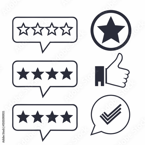  vector icons for product reviews and ratings, including stars, thumbs up, and comment bubbles, clean minimalist design
