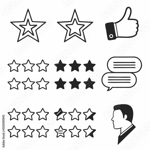  vector icons for product reviews and ratings, including stars, thumbs up, and comment bubbles, clean minimalist design
