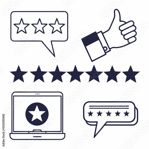  vector icons for product reviews and ratings, including stars, thumbs up, and comment bubbles, clean minimalist design
