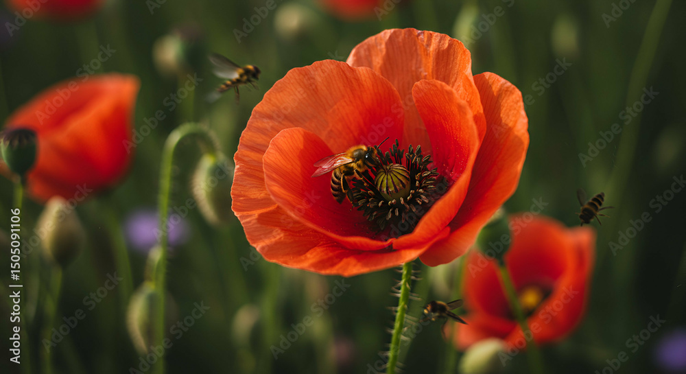 Fototapeta premium Vibrant orange poppy blooms with a bee collecting pollen in a natural setting