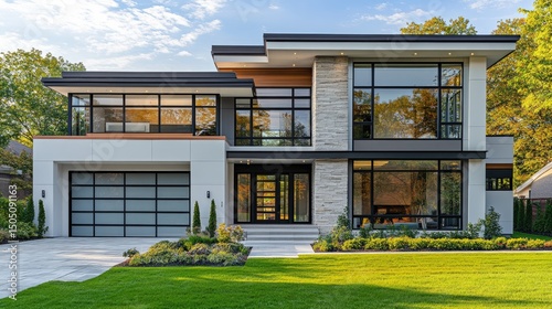 A stylish modern suburban house with large glass windows, a clean white and gray facade, minimalist landscaping, a neatly trimmed lawn, bright and airy morning sunlight, ultra-realistic, high-resoluti