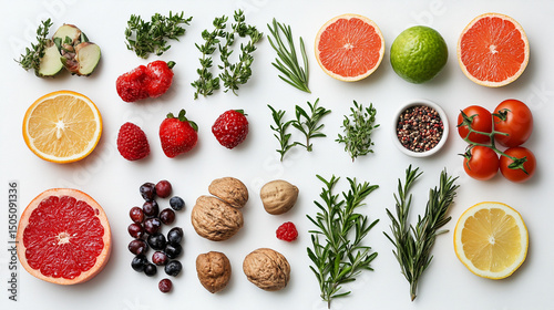 Overhead shot of assorted fruits herbs and nuts arranged on a white surface in an organized manner