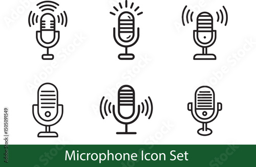 Microphone Icon Set. Podcast Recording Broadcast Audio Mic Line Icons