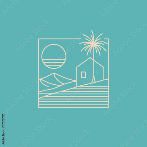 Simple and clean line art illustration of a serene rural scene with house, palm tree, and geometric farmland. Great for eco-friendly designs, real estate, or travel concepts.